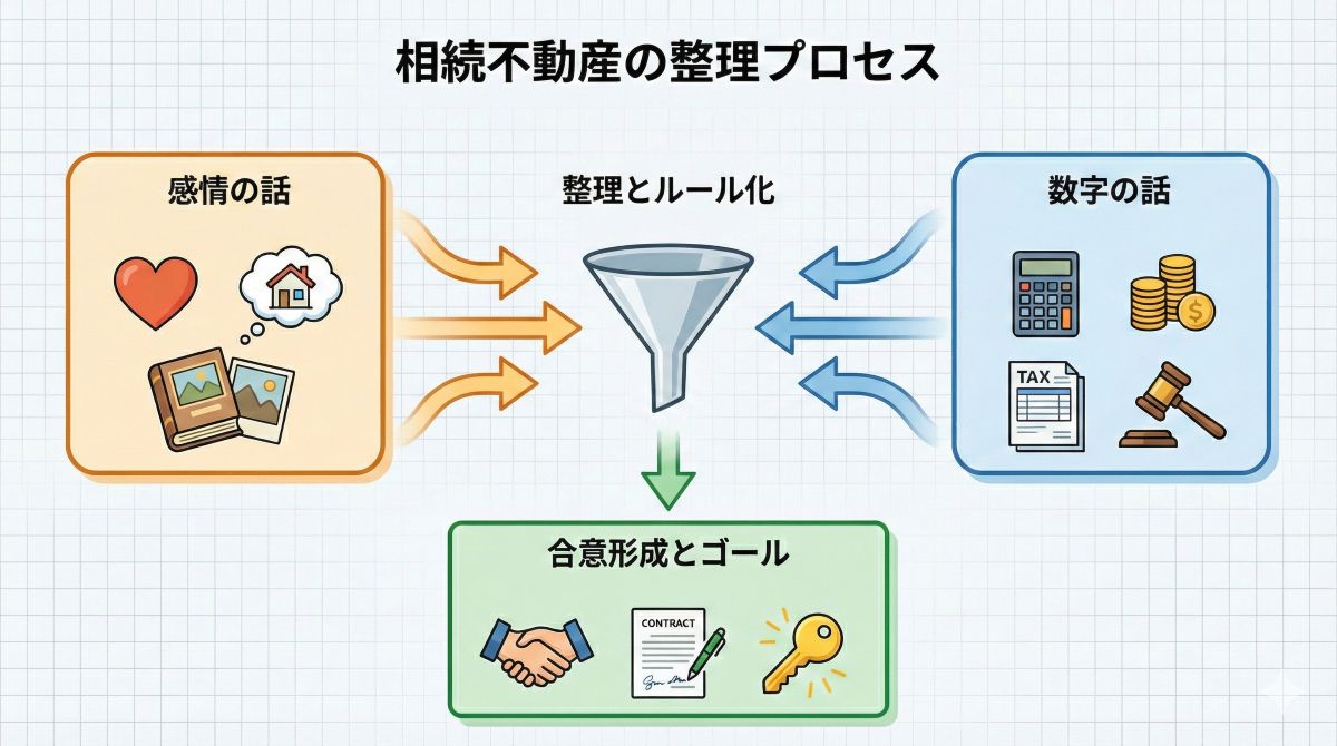 相続不動産の売却と家族の話し合いのイメージ