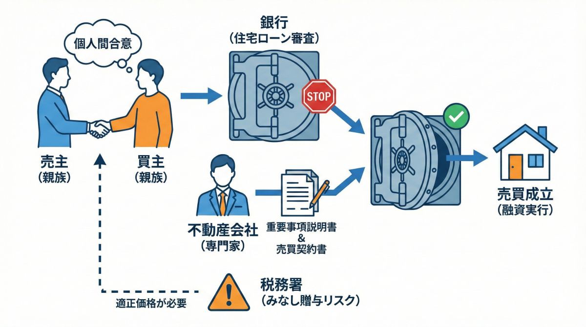 親族間での不動産取引をイメージした、住宅と握手のビジュアル