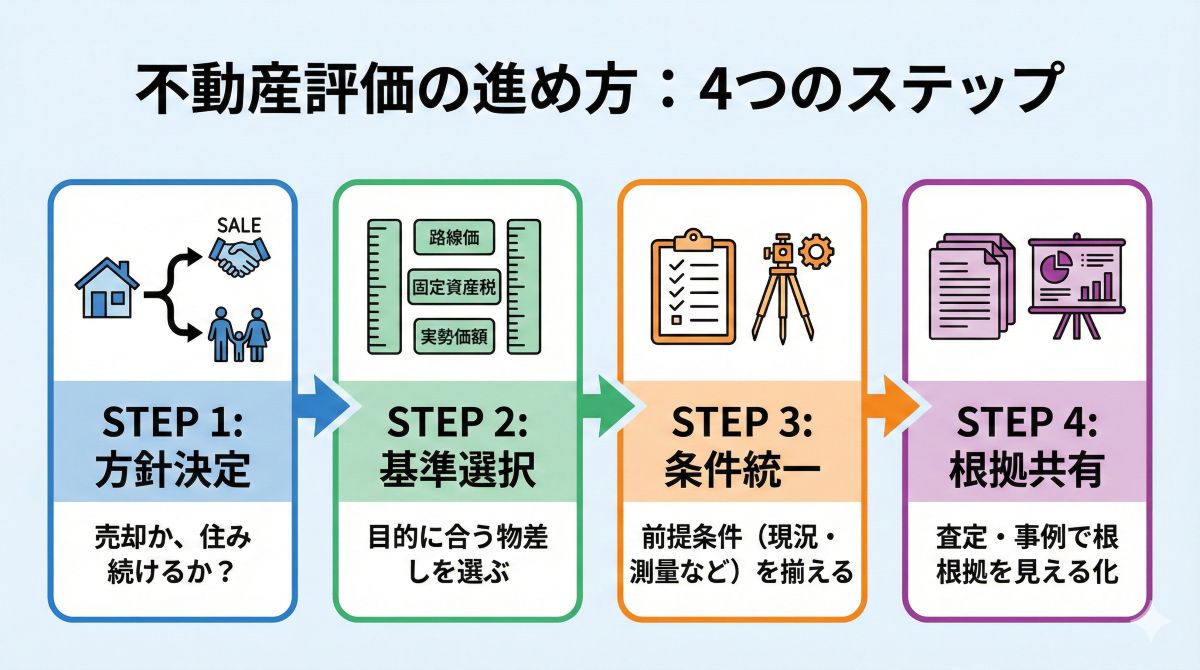 相続不動産の評価方法を悩むイメージ図