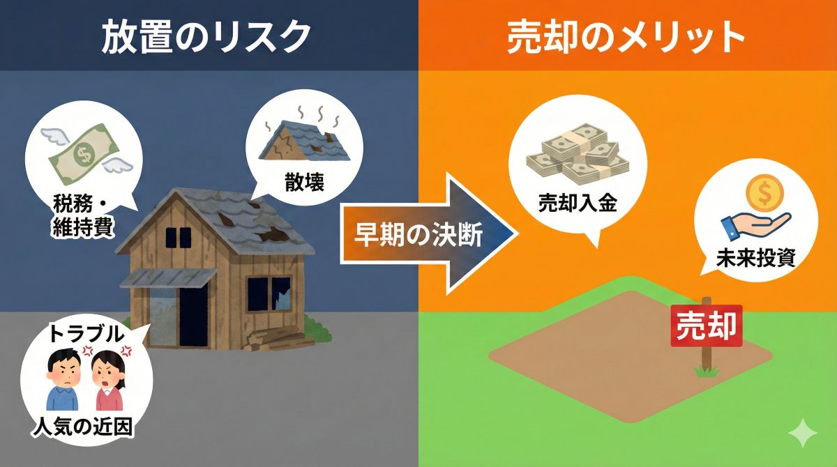 相続された空き家と将来の選択をイメージしたビジュアル