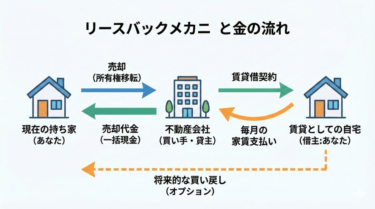住み慣れた自宅に住み続けながら資金を活用するリースバックのイメージ