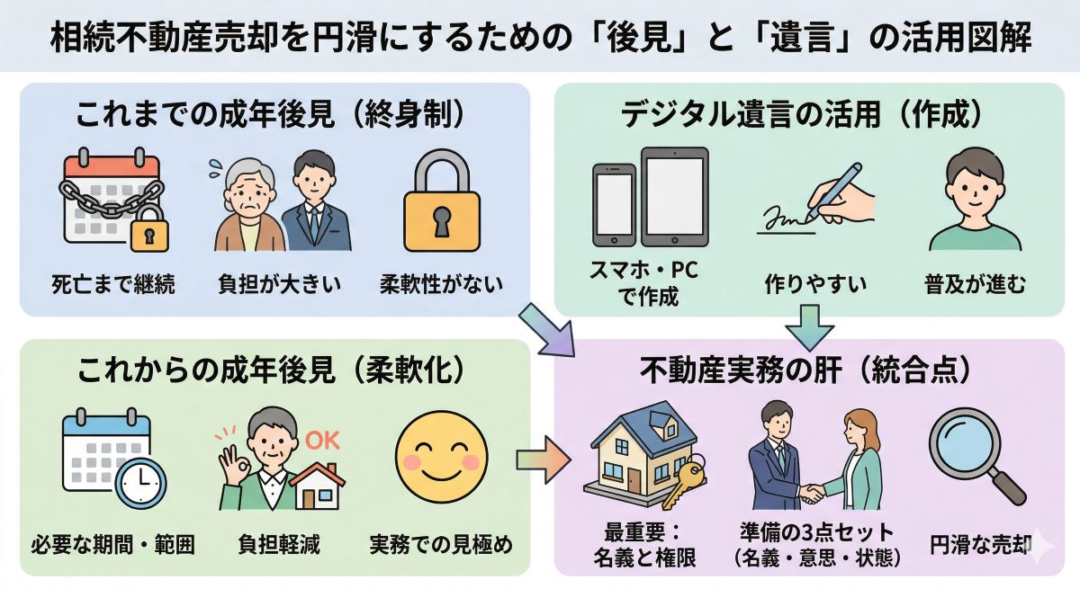 相続不動産の売却と将来の備えをイメージした家族と住宅のイラスト